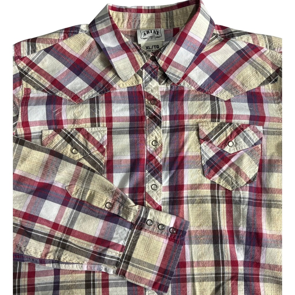 Ariat Womens XL Plaid Western Snap Shirt Red Cream Metallic Lurex Long‎ Sleeve